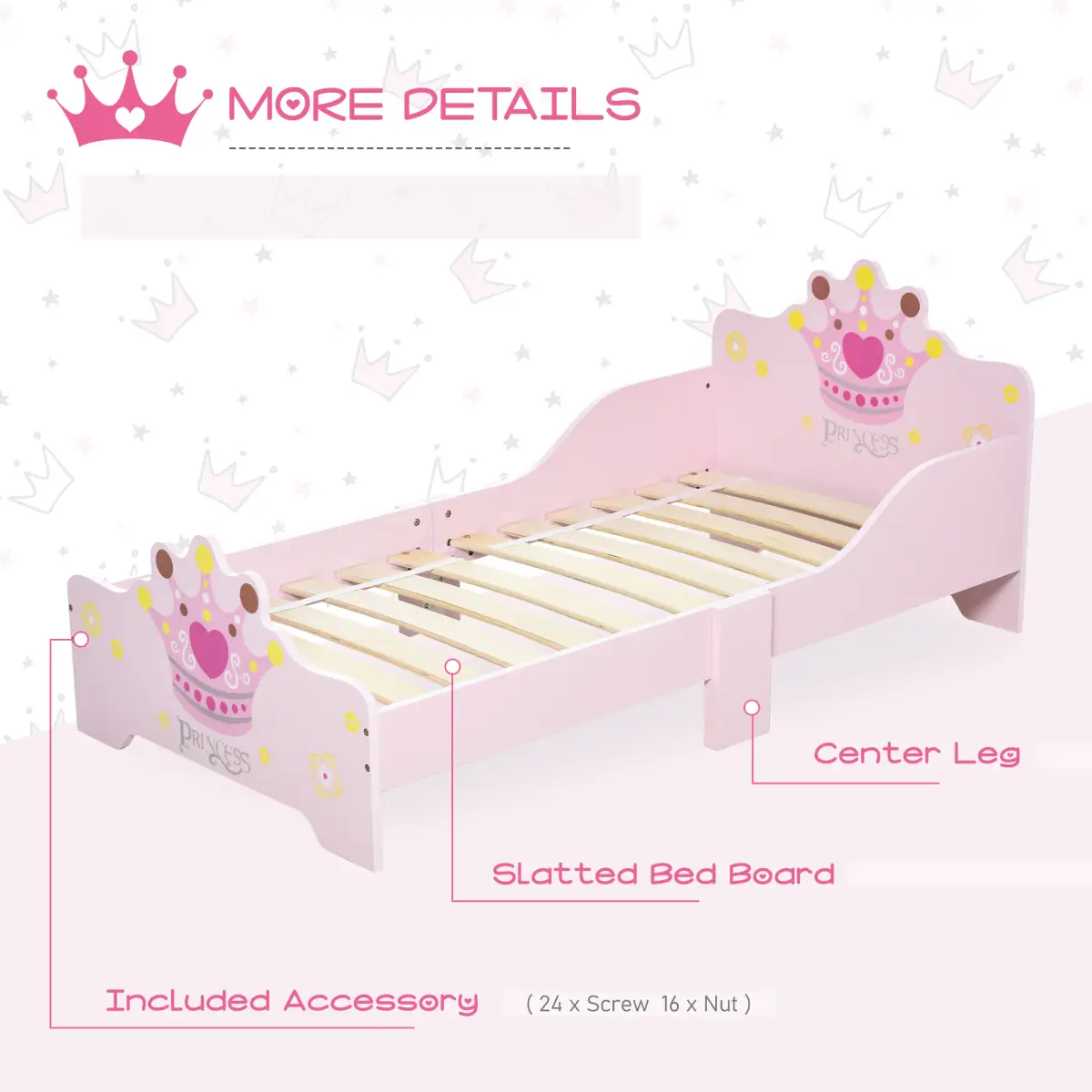Kids Wooden Princess Crown & Flower Single Bed Safety Side Rails Slats by Homcom