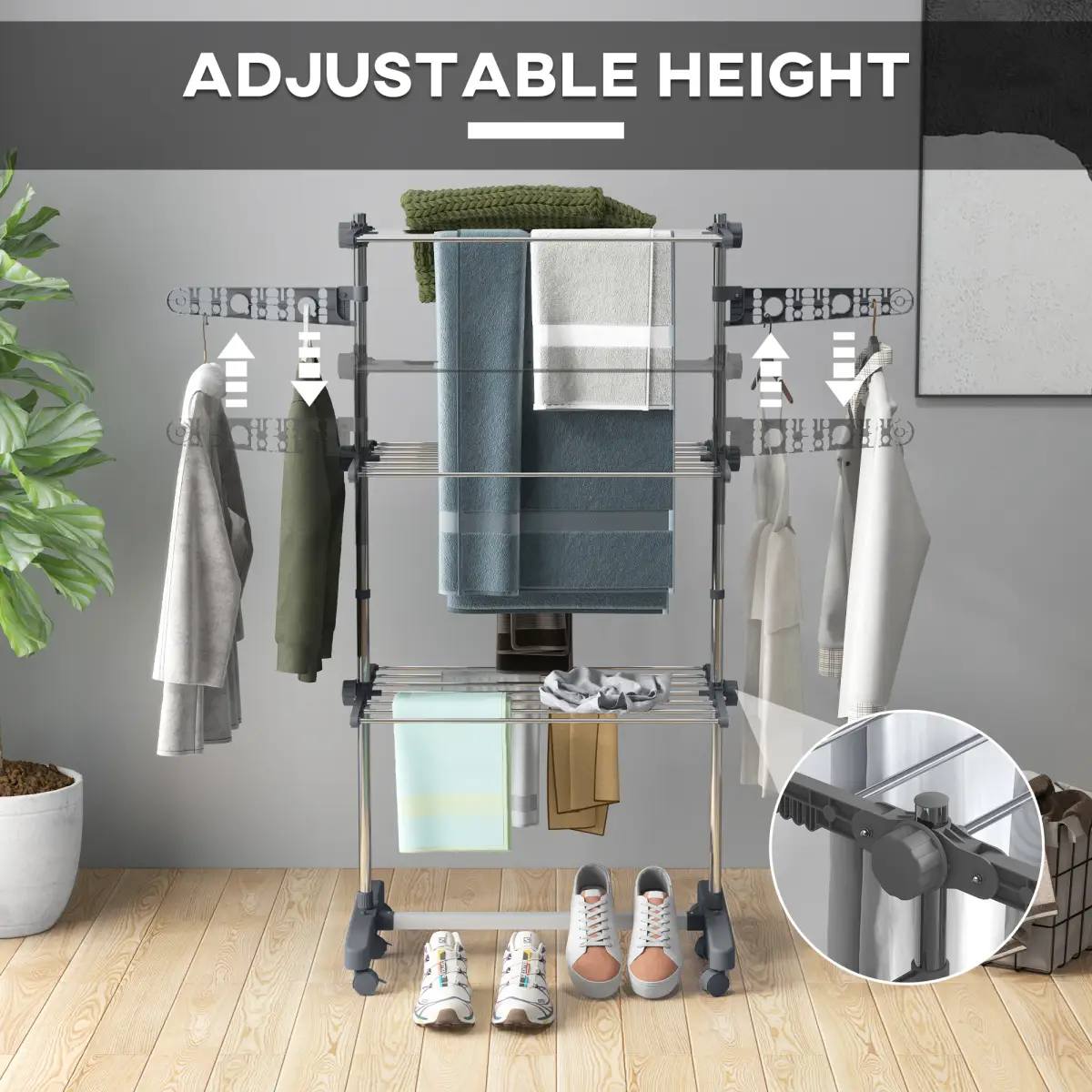 HOMCOM 3-Tier Large Clothes Airer Stainless Steel Clothes Drying Rack Grey by HOMCOM