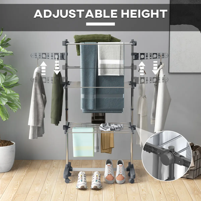 HOMCOM 3-Tier Large Clothes Airer Stainless Steel Clothes Drying Rack Grey by HOMCOM