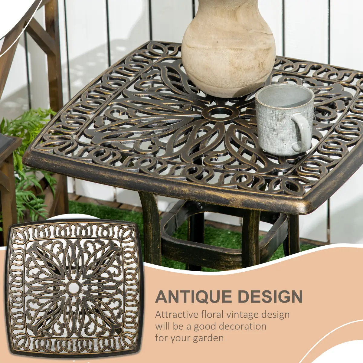 Outsunny 54 x 54cm Aluminium Outdoor Garden Side Table w/ Umbrella Hole, Bronze by Outsunny
