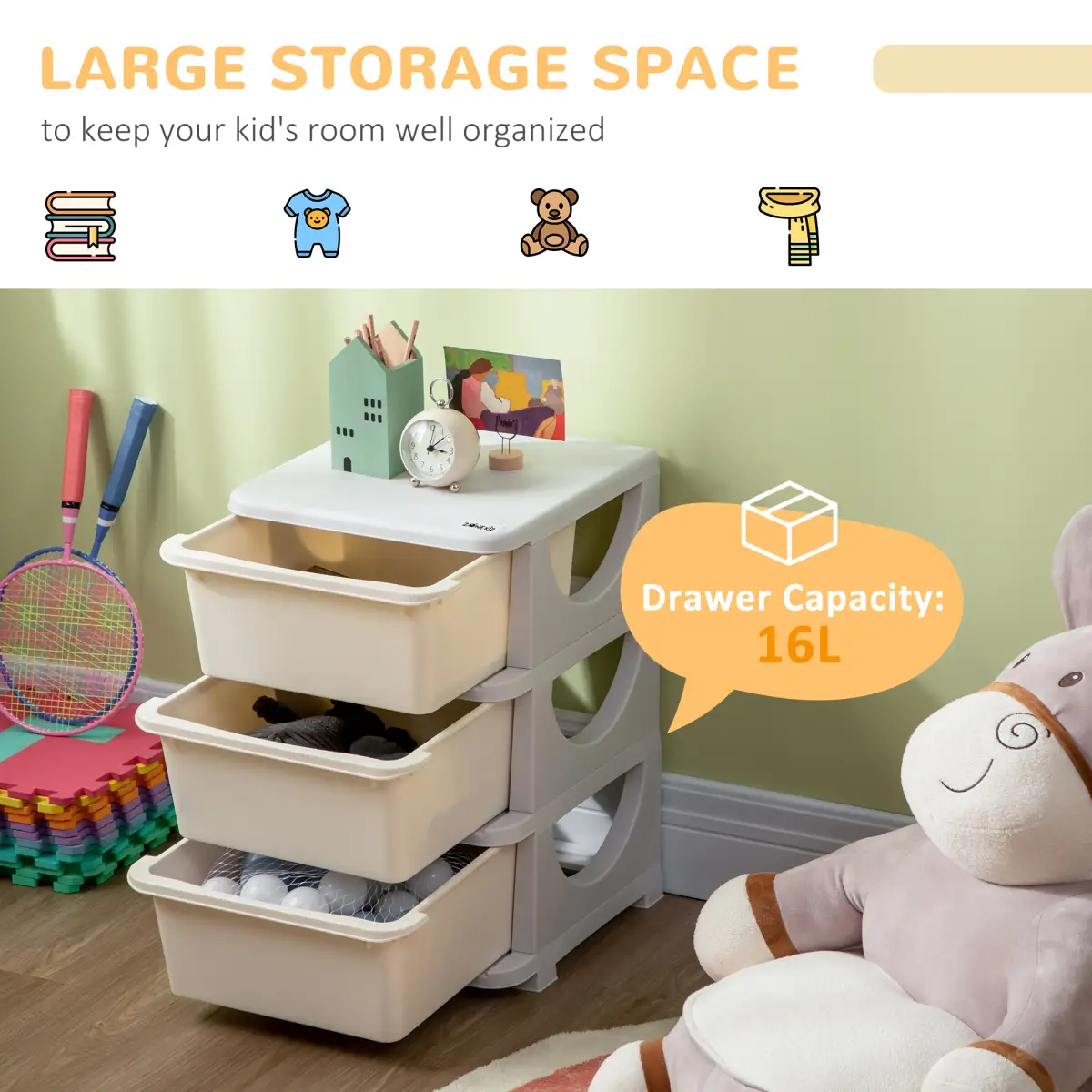 HOMCOM Kids Storage Unit w/ Three Drawers Three-Tier Chest Vertical Dresser by Unbranded