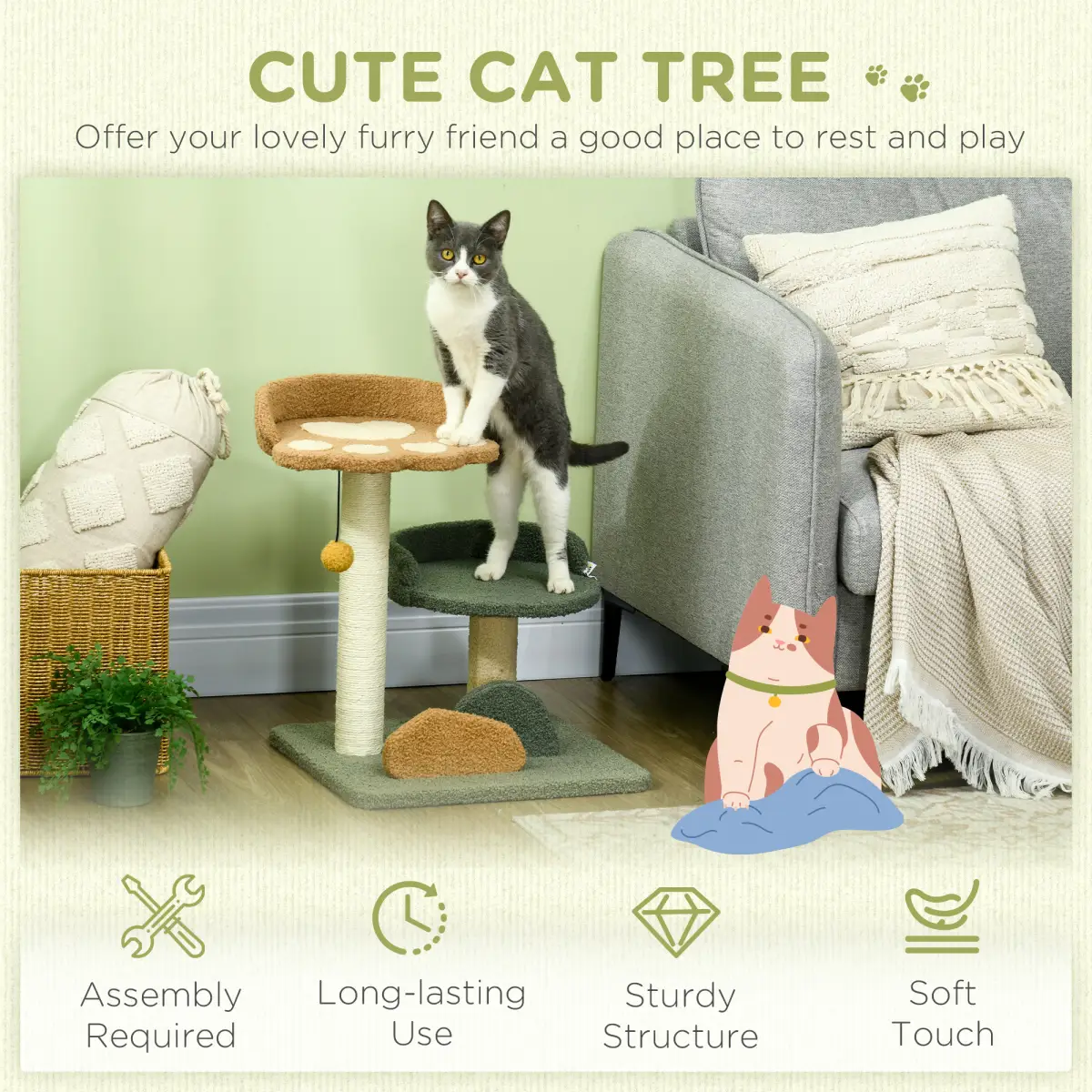 52cm Cat Tree for Indoor Cats, Scratching Posts with Two Bed, Toy Ball by PawHut