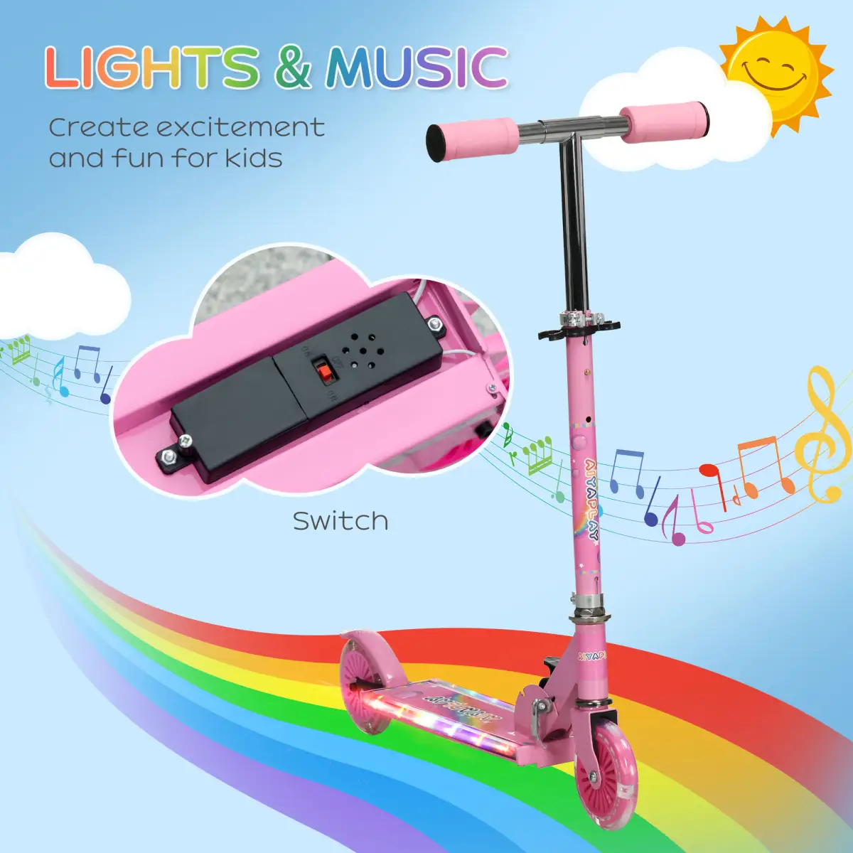 Scooter for Kids Ages 3-7 W/ Lights Music Adjustable Height Folding Frame - Pink by Unbranded