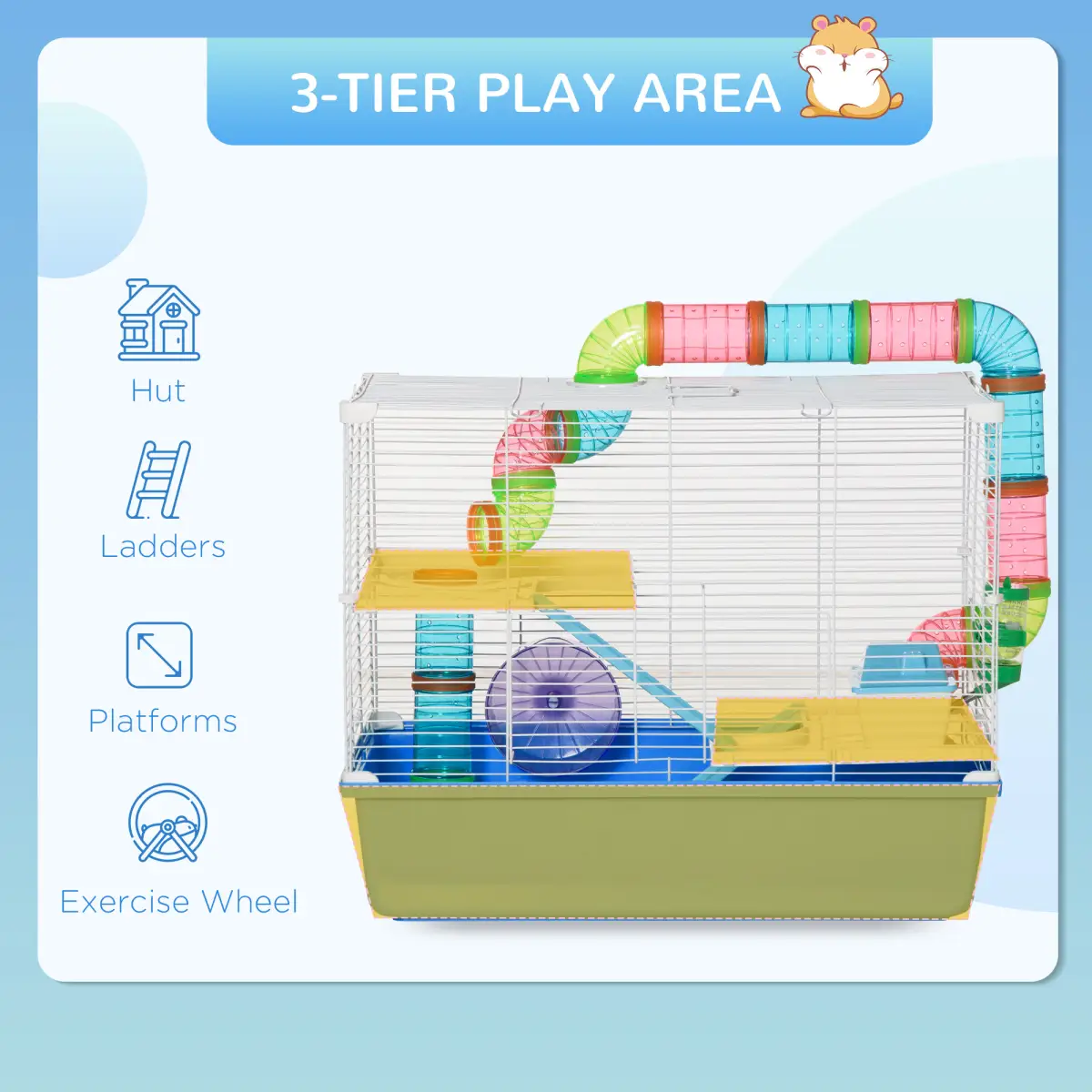 Hamster Cage Rodents House w/ Tubes Exercise Wheel, Water Bottle - Blue by Pawhut