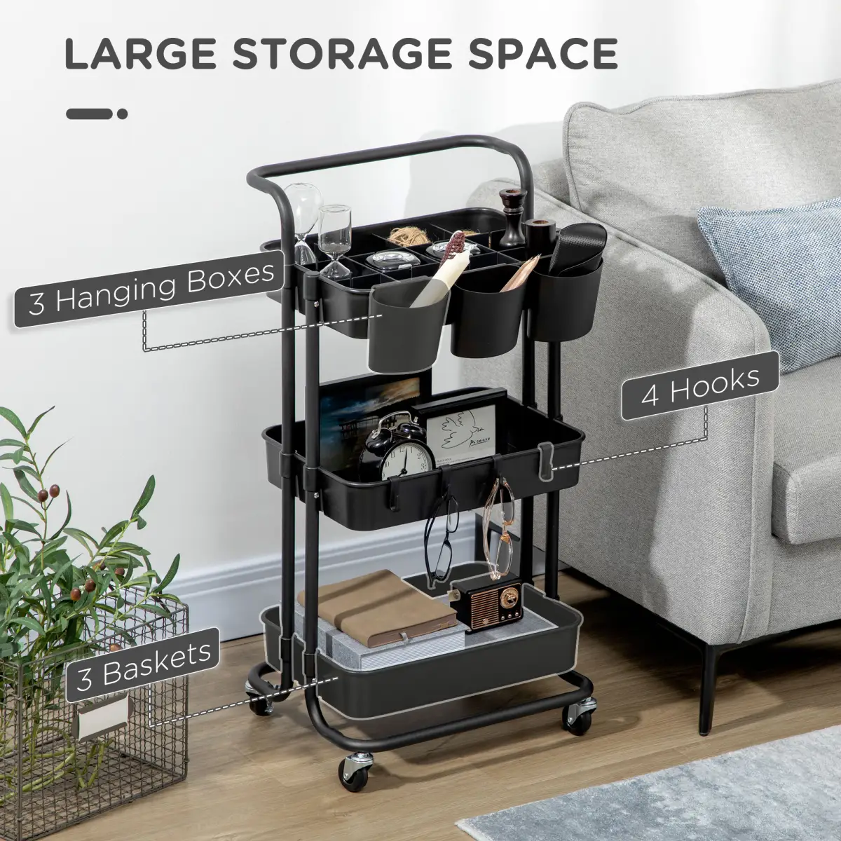3-Tier Utility Cart, Serving Trolley with Mesh Baskets Removable Boxes, Black by Unbranded