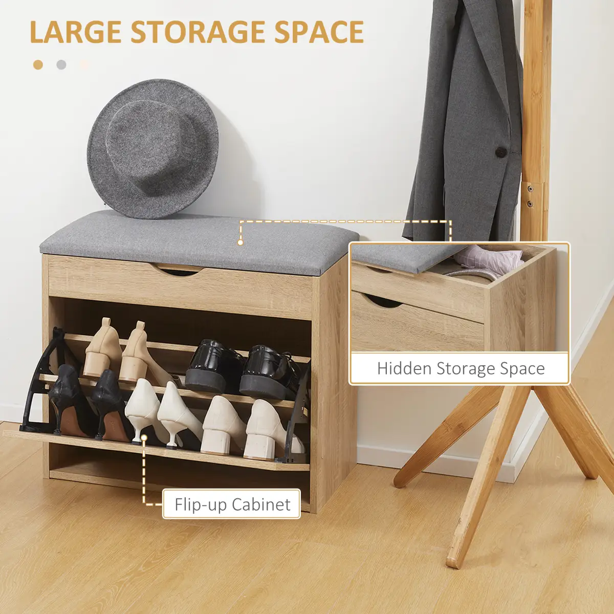 HOMCOM Entryway Shoe Bench with Cushion Storage Cabinet for Living Room Natural by HOMCOM