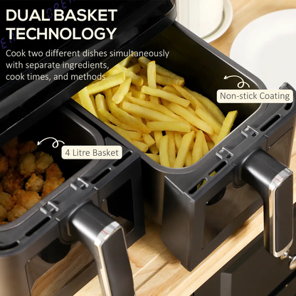 Dual Air Fryer 8L Family Size w/ 2 Basket 8 Presets Cookbook Timer 2500W by HOMCOM