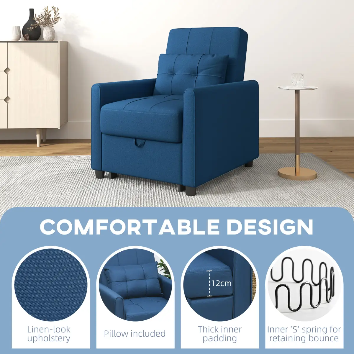 HOMCOM Pull Out Chair Bed, Sleeper Chair with Pillow, Side Pockets, Blue by HOMCOM