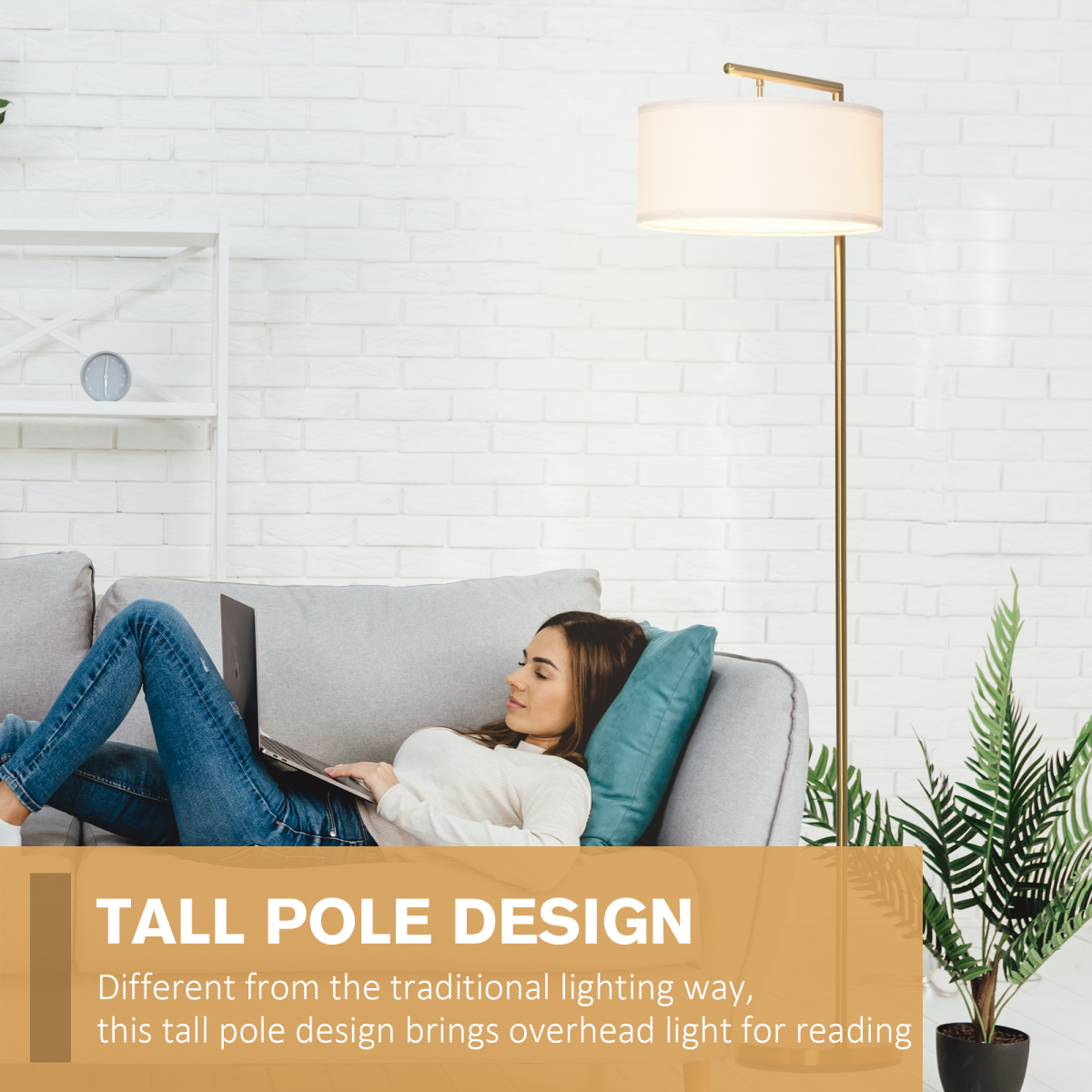 Floor Lamp with Linen Lampshade Round Base for Living Room Bedroom HOMCOM by Unbranded