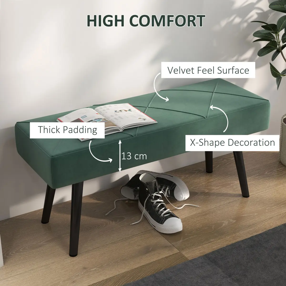 HOMCOM End of Bed Bench, Upholstered Hallway Bedroom with Steel Legs, Green by HOMCOM