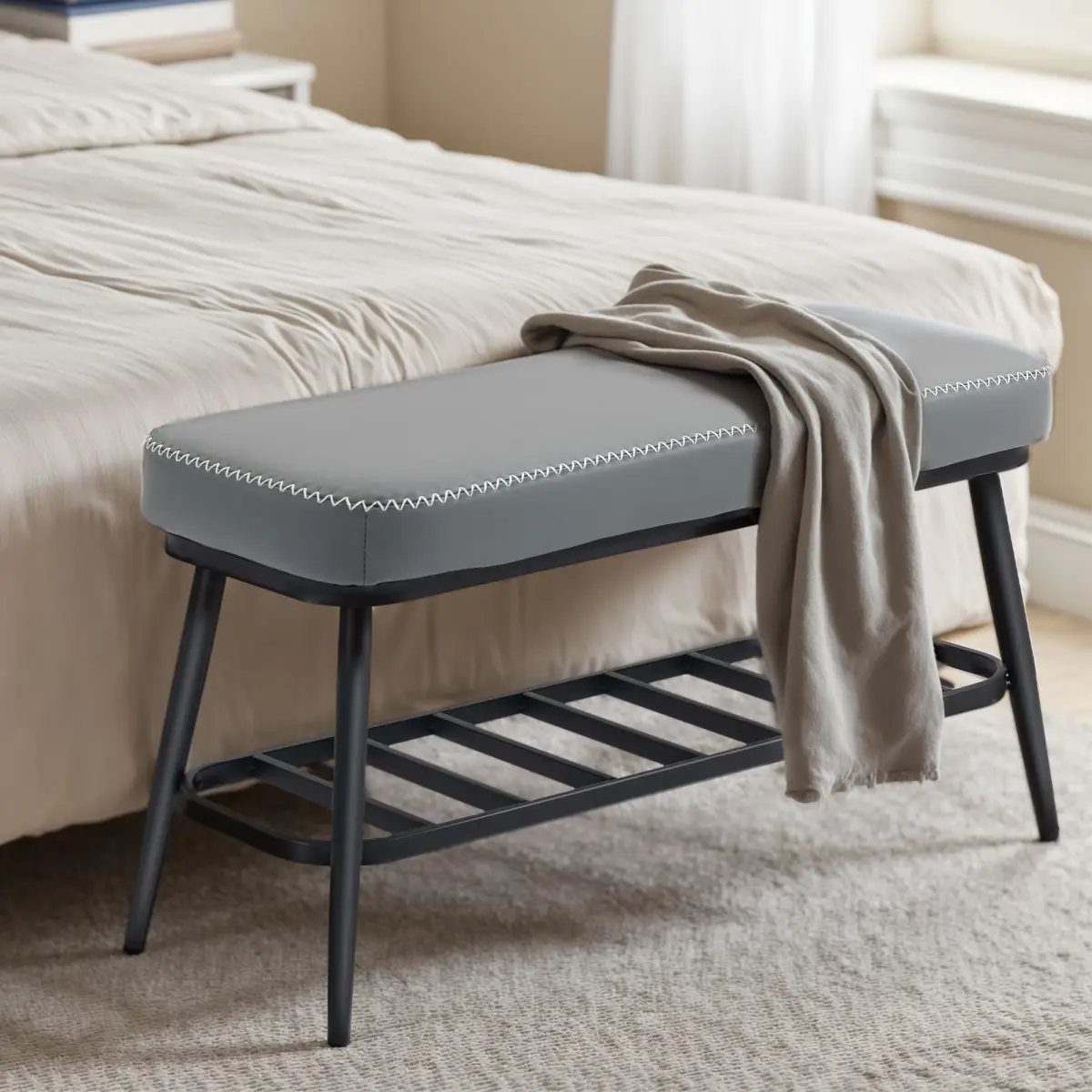 Leather Shoe Storage Bench by N/A