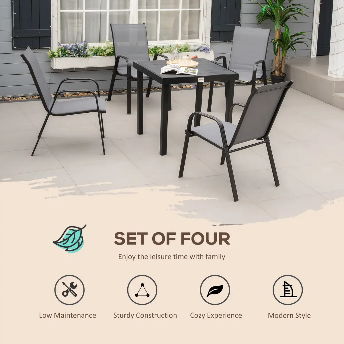 Set of 4 Garden Dining Chair Set Outdoor w/ High Back Armrest Grey Outsunny by Unbranded