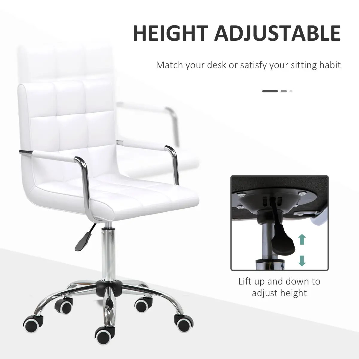 Mid Back PU Leather Home Office Chair Swivel Desk Chair with Arm, Wheel, White by Vinsetto