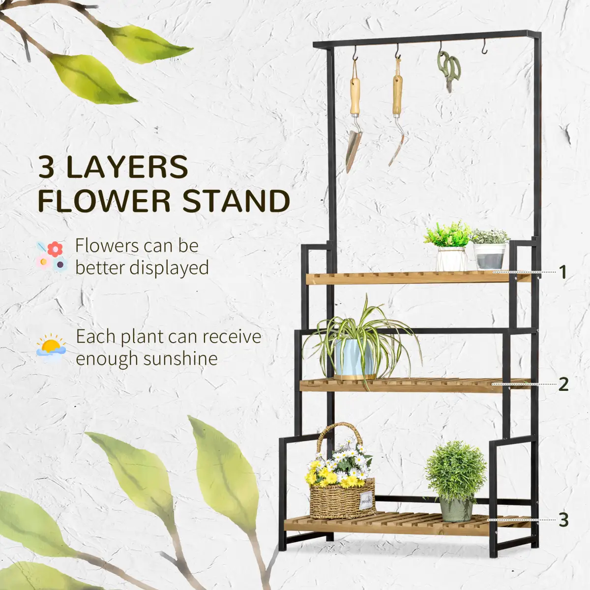 3 Tiered Plant Stand Rack with Hanging Hooks for Indoor Outdoor Decoration by Outsunny