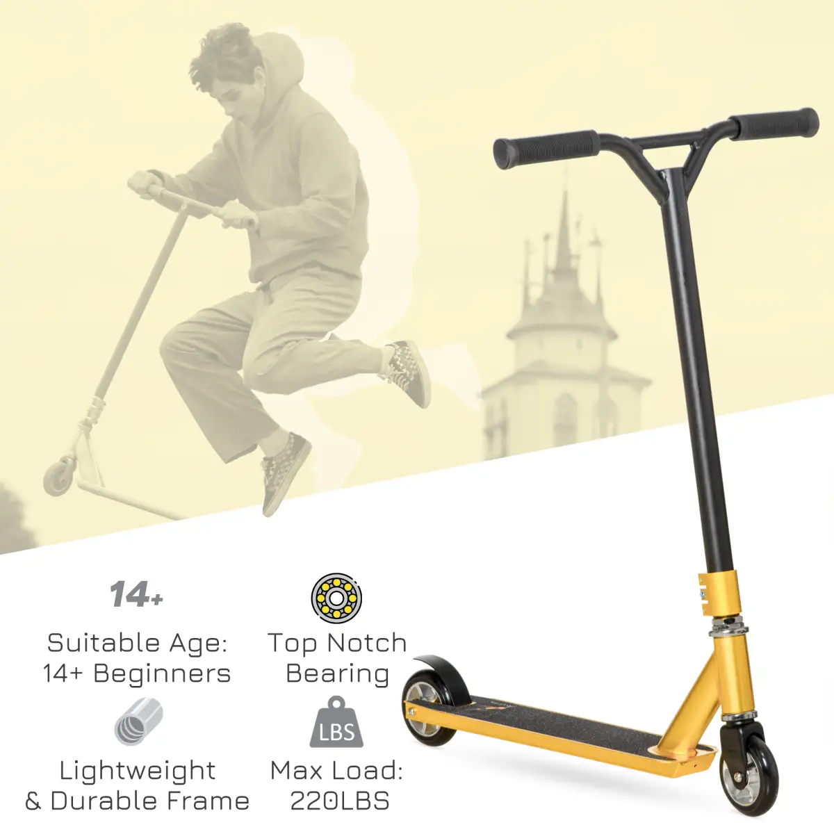 Stunt Scooter Entry Level Tricks Scooter for 14 Beginners, Gold HOMCOM by Unbranded