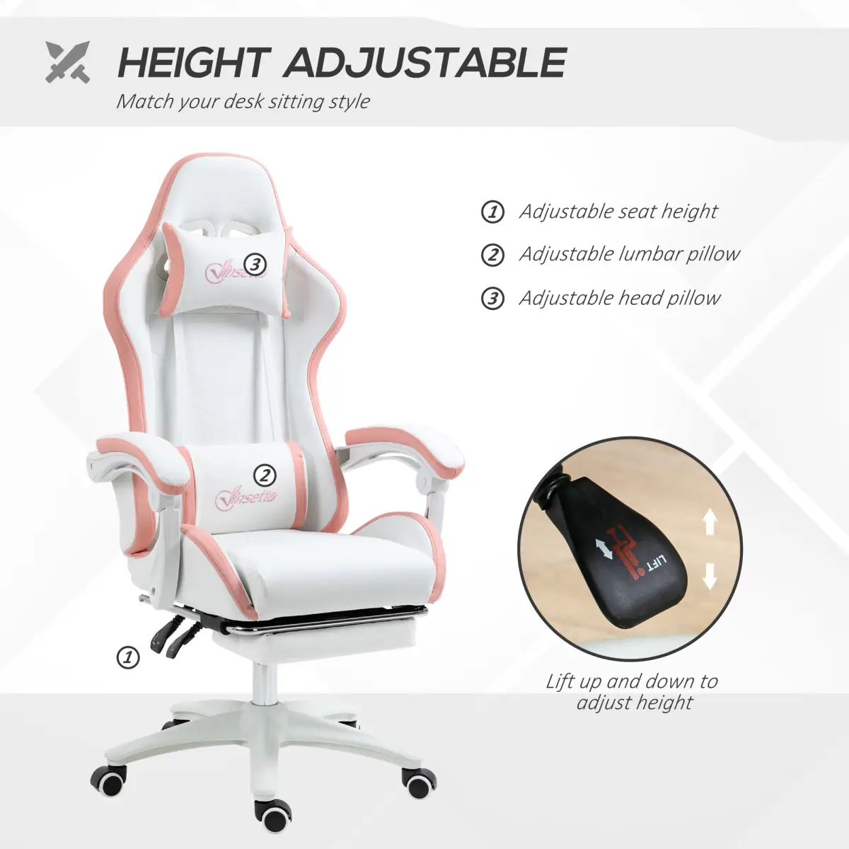 Vinsetto Racing Style Gaming Chair with Reclining Function Footrest, Pink by Vinsetto