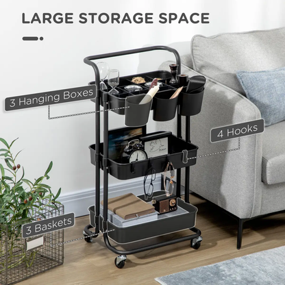 3-Tier Utility Cart, Serving Trolley with Mesh Baskets Removable Boxes, Black by Unbranded