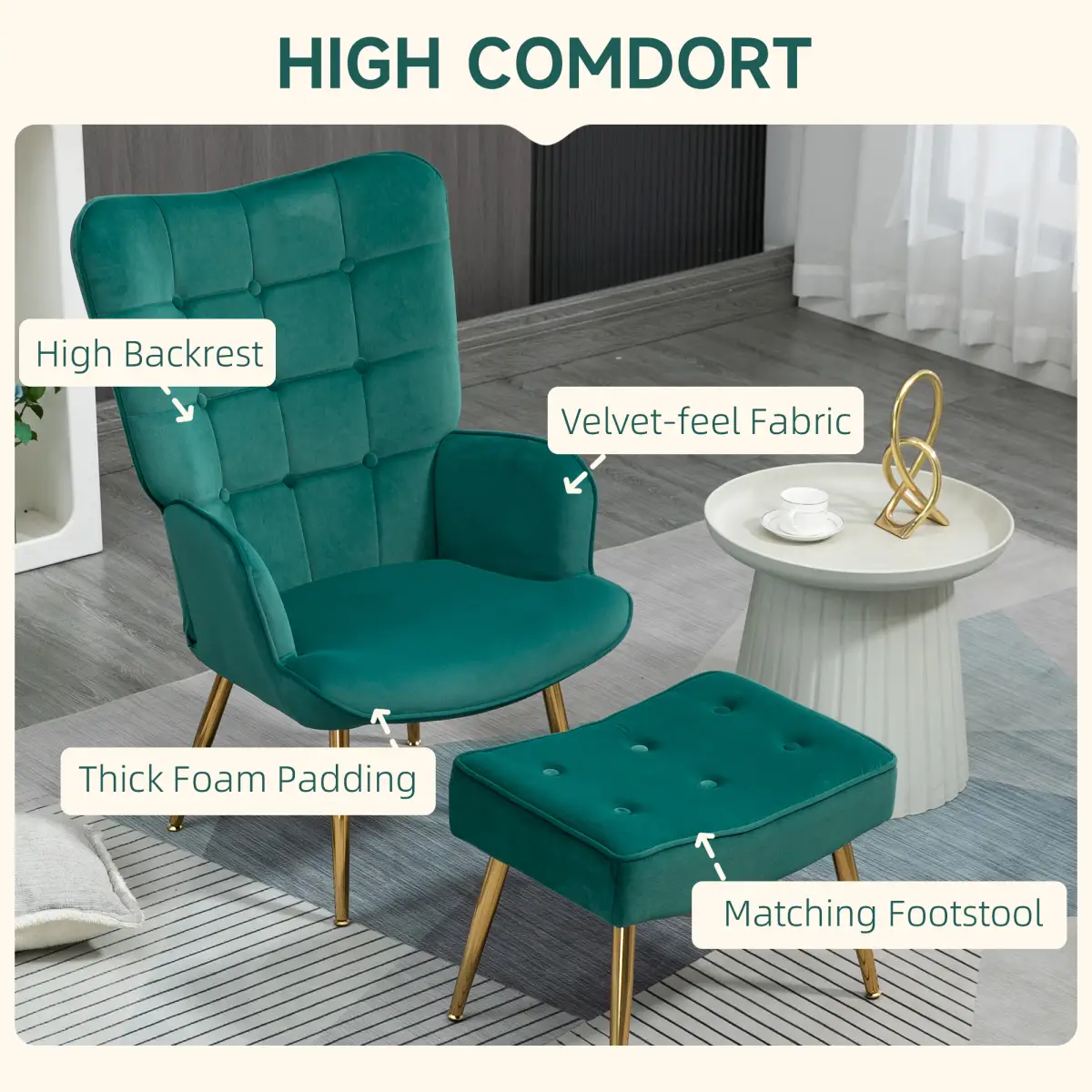 HOMCOM Button Tufted Armchair with Footstool and Gold Tone Steel Legs Dark Green by HOMCOM