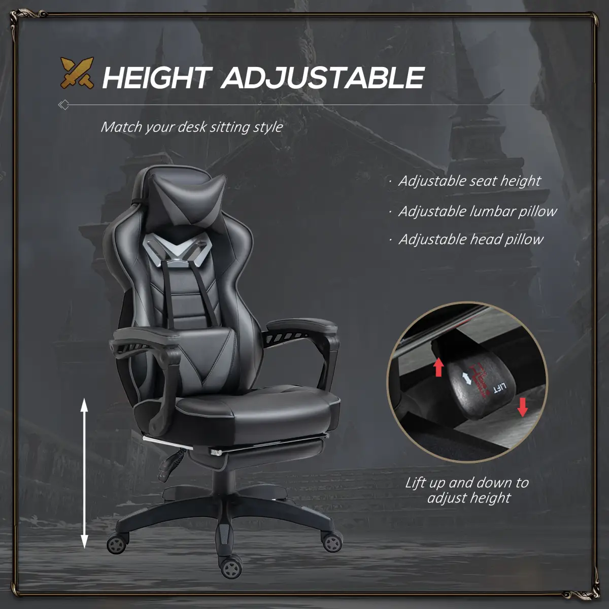 Gaming Chair Ergonomic Reclining w/ Manual Footrest Wheels Stylish Office Grey by Vinsetto