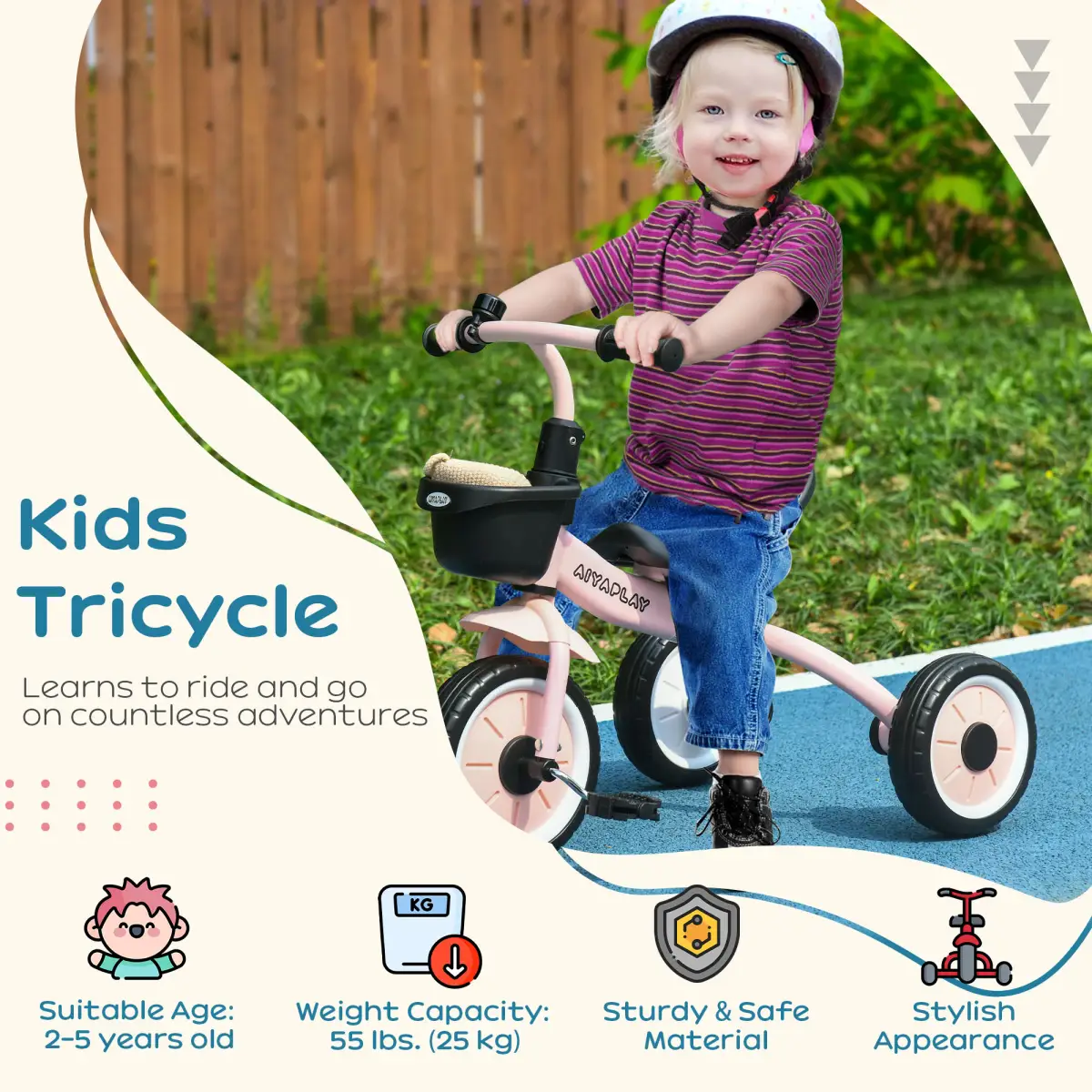Kids Trike, Tricycle with Adjustable Seat, Basket, Bell for Ages 2-5 Years Pink by AIYAPLAY