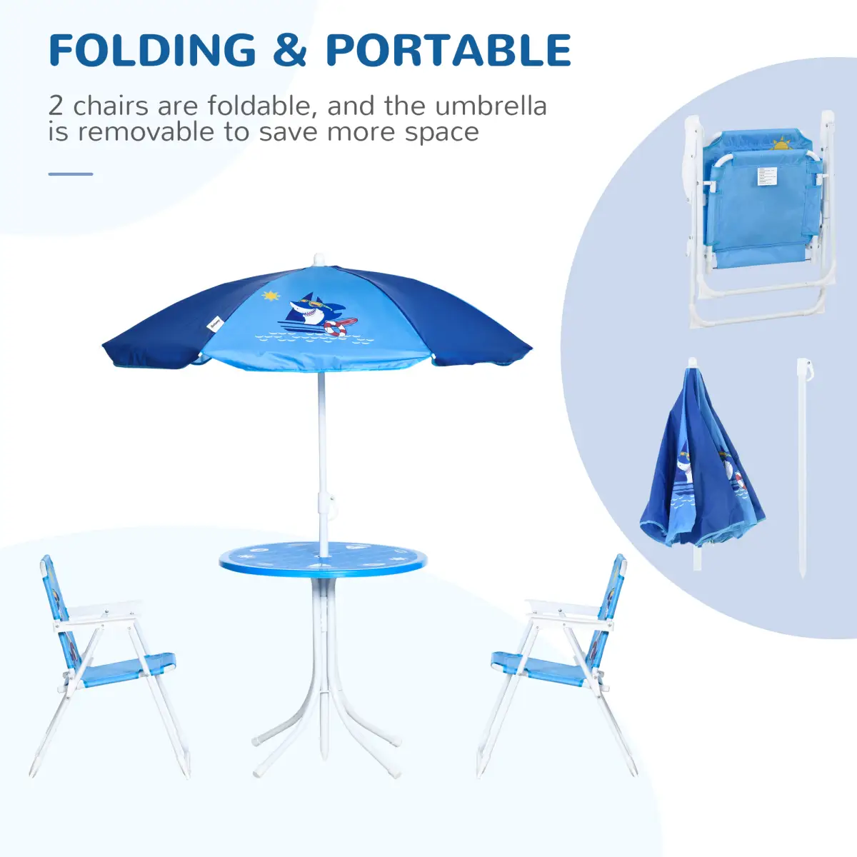 Kids Foldable Four-Piece Garden Set w/ Table, Chairs, Umbrella - Blue by Unbranded