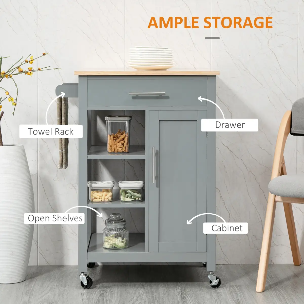 Kitchen Trolley Utility Cart on Wheels with Open Shelf & Storage Drawer Grey by HOMCOM