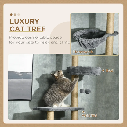 6-Tier Floor to Ceiling Cat Tree with Scratching Post, Bed, Hammock, Grey by PawHut
