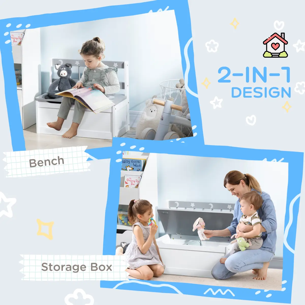 Two-In-One Wooden Toy Box, Kids Storage Bench w/ Safety Rod - Grey by Unbranded