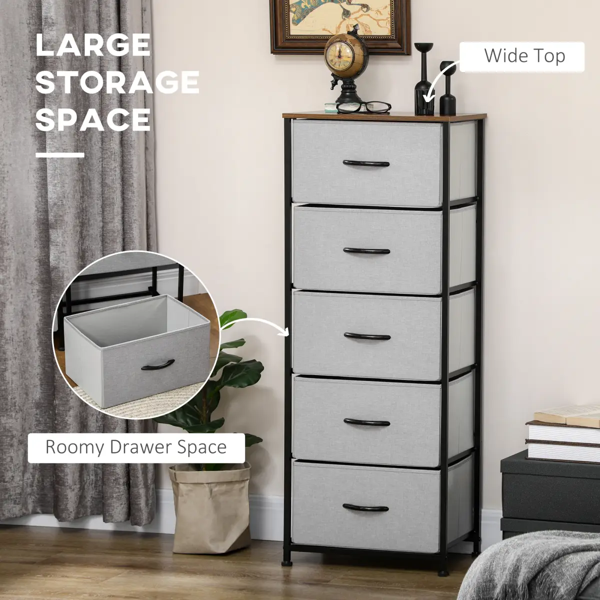 HOMCOM 5 Drawer Fabric Chest of Drawers w/ Wooden Top for Closet Hallway Grey by HOMCOM