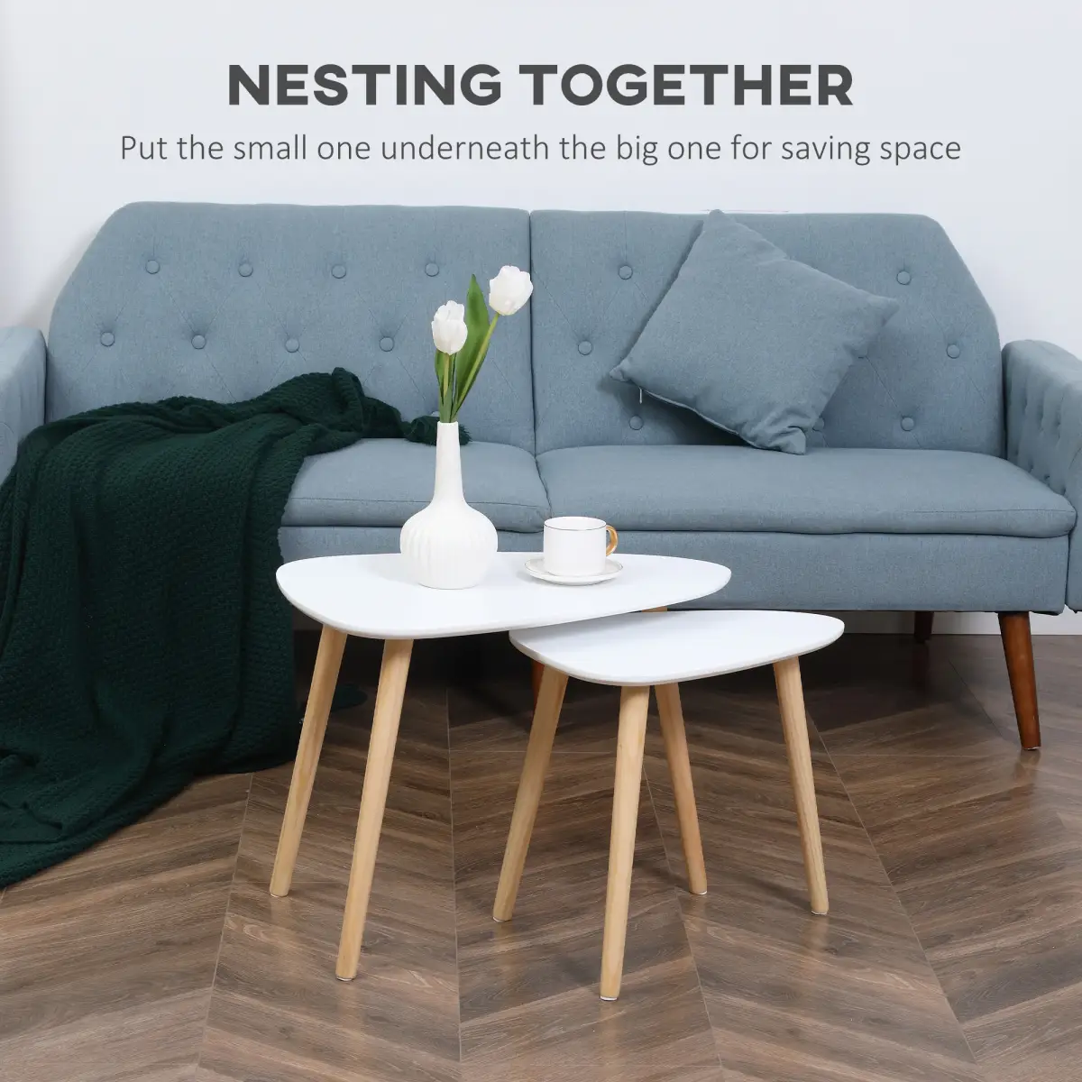 Side Table Set of 2 Nested Coffee Table W/ Solid Wood Legs Living Room White by Unbranded