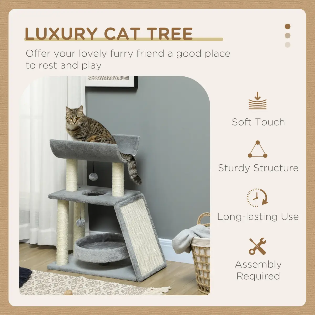 Cat Tree Tower for Indoor Cats w/ Scratching Posts, Pad, Light Grey, Toy Ball by PawHut