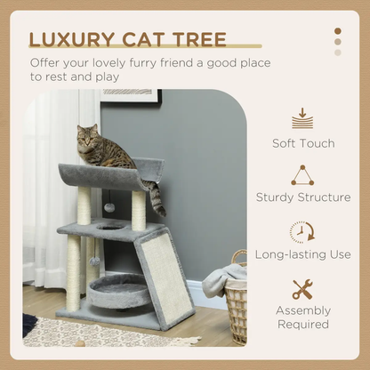 Cat Tree Tower for Indoor Cats w/ Scratching Posts, Pad, Light Grey, Toy Ball by PawHut