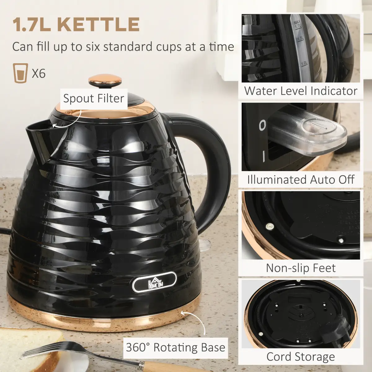HOMCOM Kettle and Toaster Set 1.7L Rapid Boil Kettle & 4 Slice Toaster Black by HOMCOM