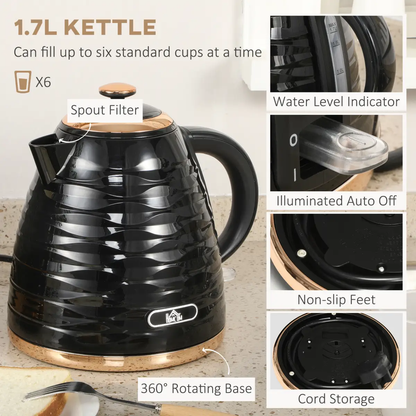 HOMCOM Kettle and Toaster Set 1.7L Rapid Boil Kettle & 4 Slice Toaster Black by HOMCOM