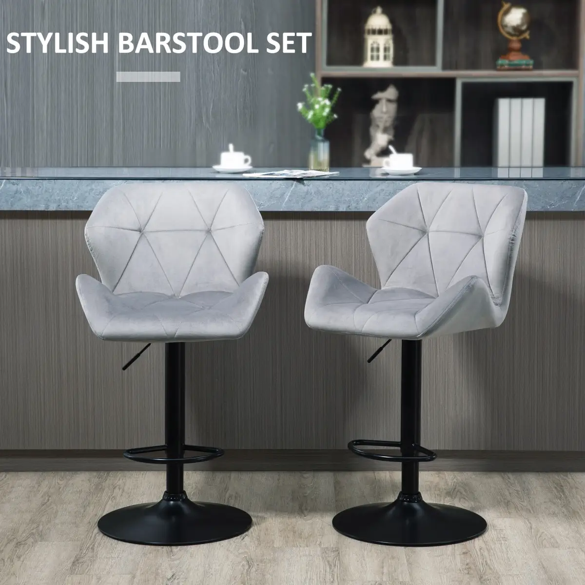 Set Of 2 Luxurious Velvet-Touch Bar Stools w/ Metal Frame Footrest Base Grey by HOMCOM
