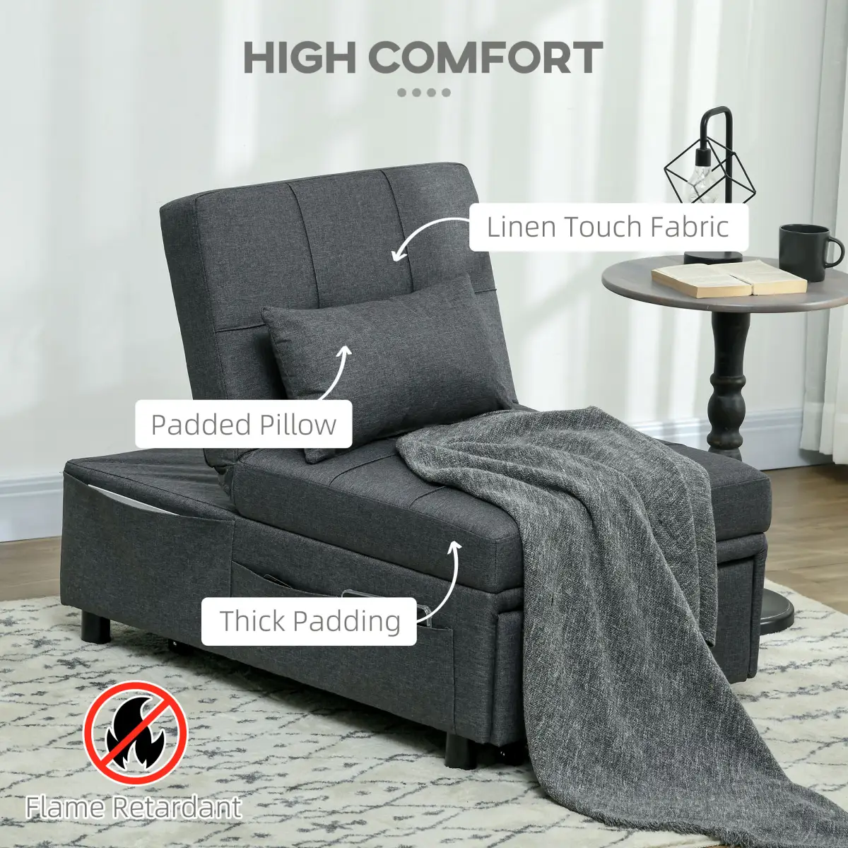 HOMCOM Folding Sofa Bed Adjustable Single Sleeper w/ Pillow Side Pocket, Grey by HOMCOM