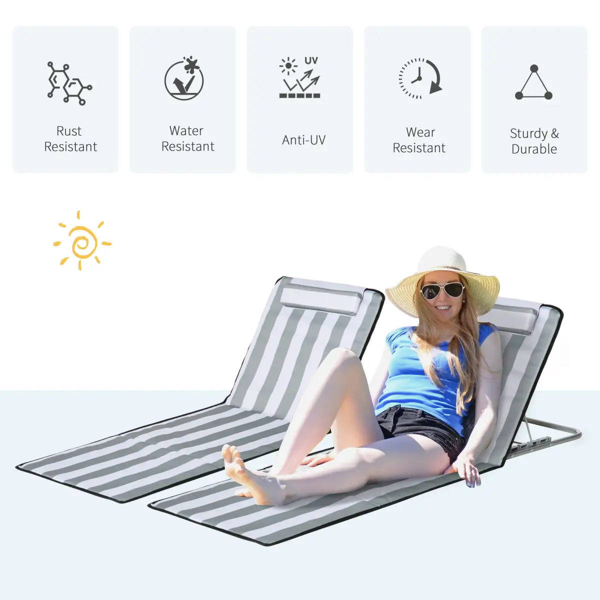 Outsunny 2 Pieces Outdoor Beach Mat Steel Reclining Chair Set w/ Pillow Grey by Outsunny