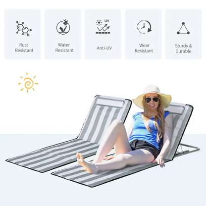 Outsunny 2 Pieces Outdoor Beach Mat Steel Reclining Chair Set w/ Pillow Grey by Outsunny
