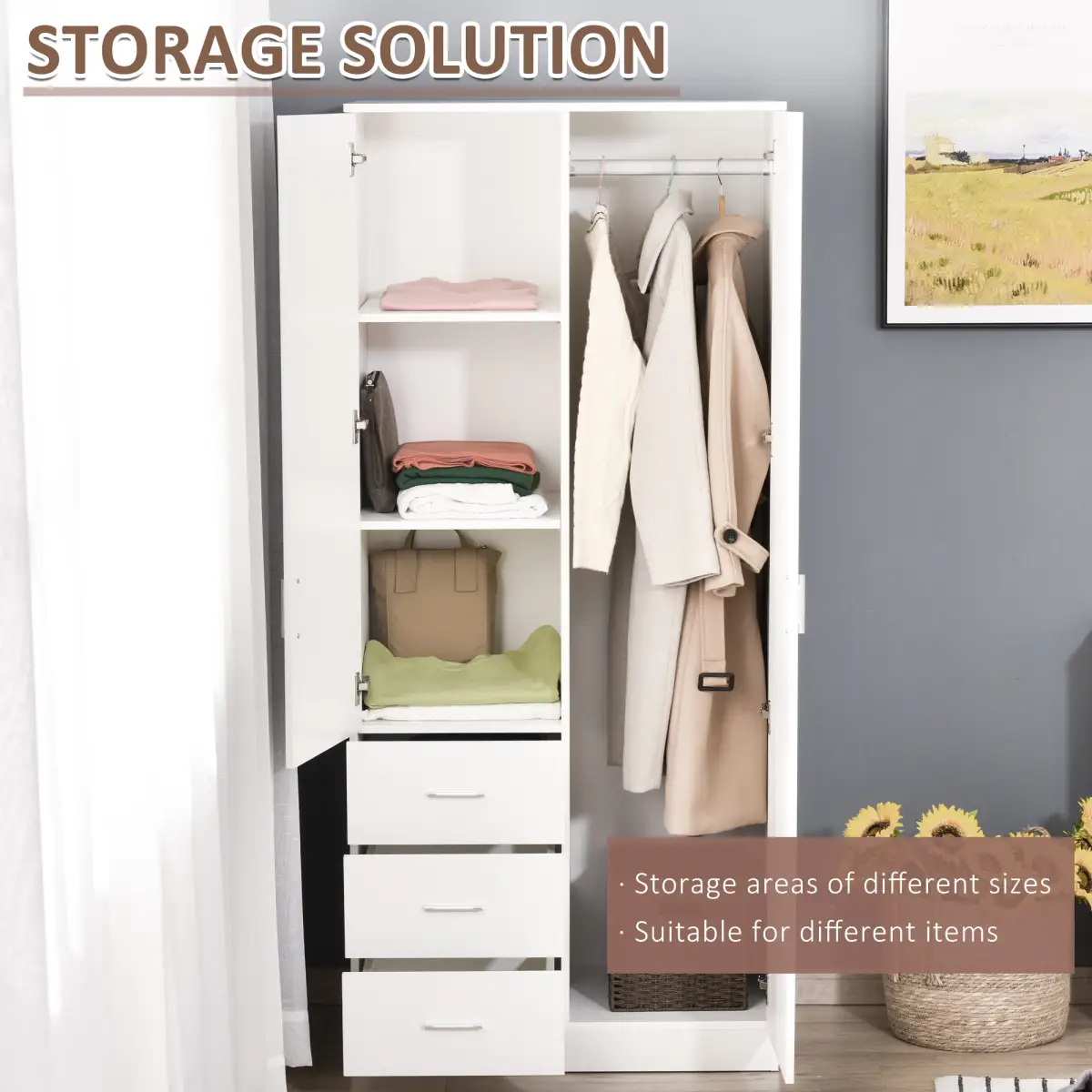 2-Door Wardrobe w/ Adjustable Shelf 3 Drawers for Bedroom, 180cm, White by Unbranded