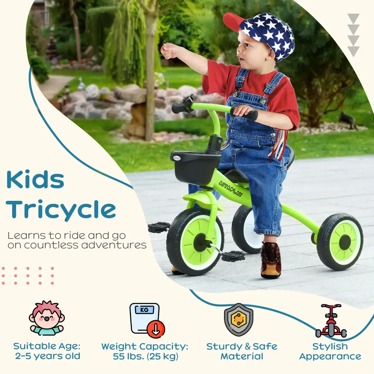 AIYAPLAY Trike with Adjustable Seat Basket Kids Tricycle for 2-5 Years Old Green by AIYAPLAY