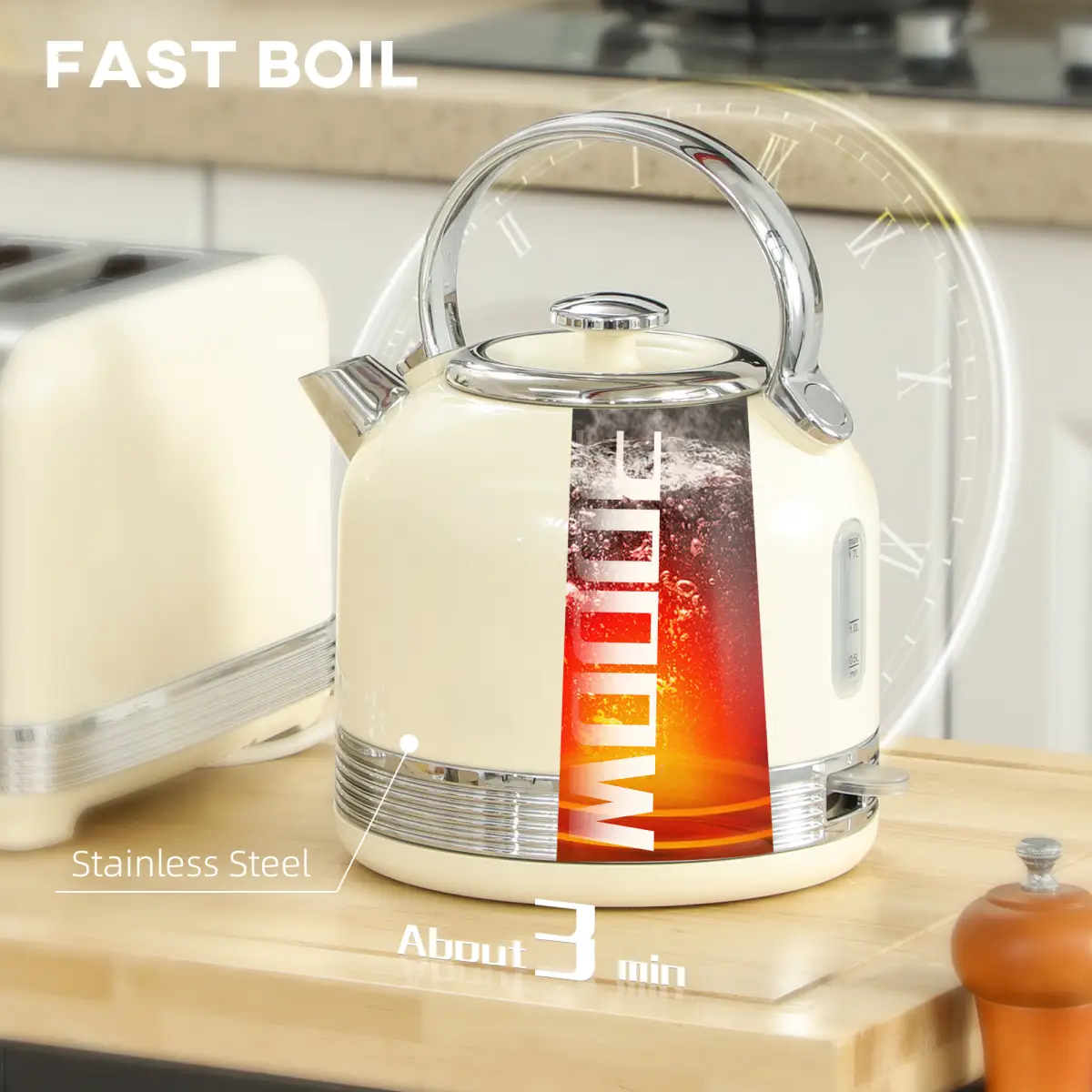 HOMCOM 1.7L 3000W Fast Boil Electric Kettle and 4 Slice Toaster Set, Cream by HOMCOM