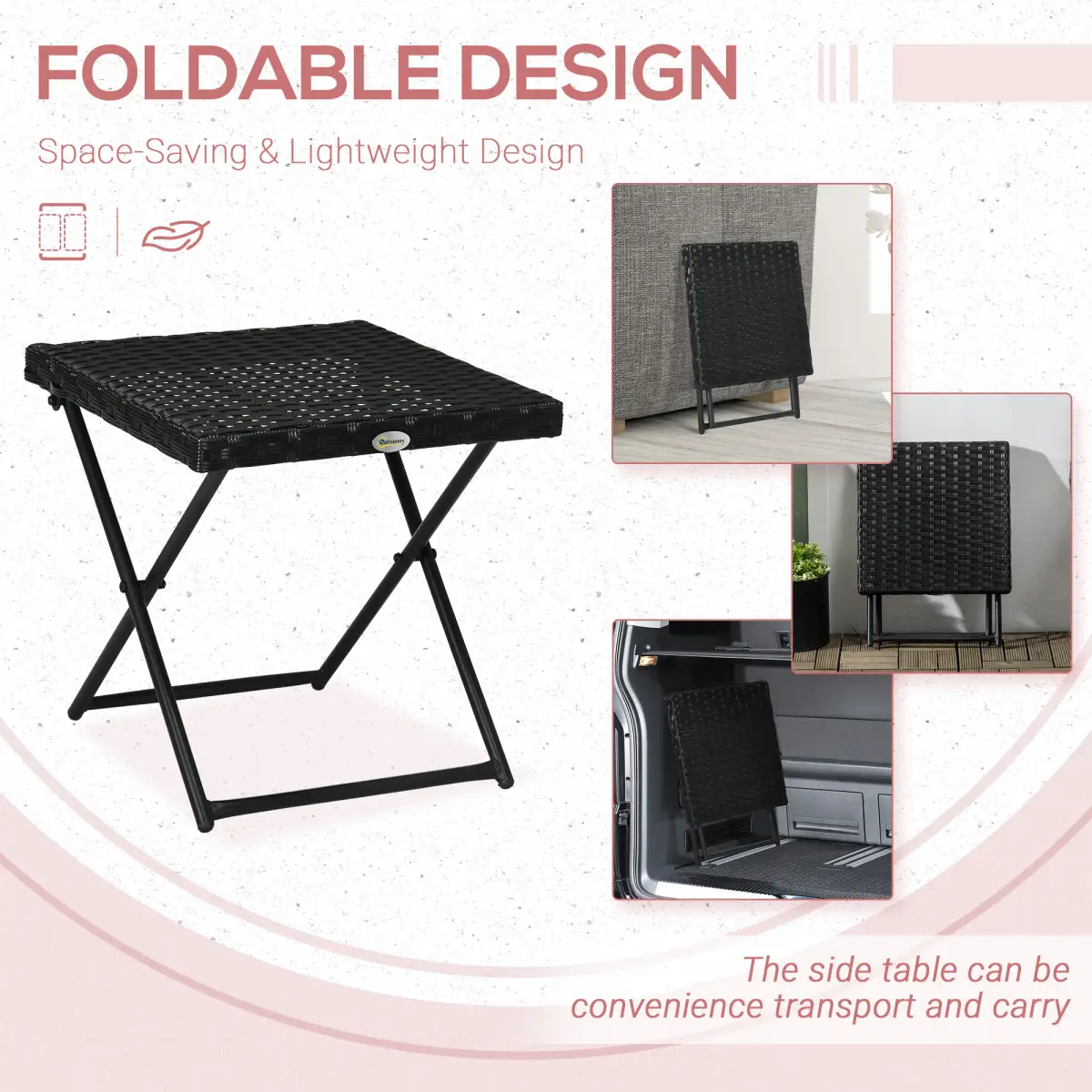 Folding Square Rattan Coffee Table for Bistro Balcony Garden Outdoor Black by Outsunny