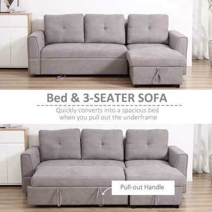 HOMCOM Linen-Look L-Shaped Sofa Bed w/ Storage Bed Sleeper Flat Studio Grey by Unbranded