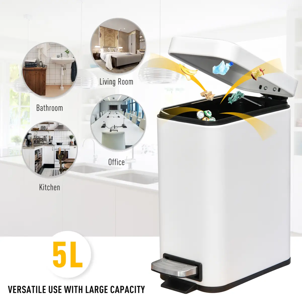 5L Rectangular Steel Pedal Bin White by HOMCOM