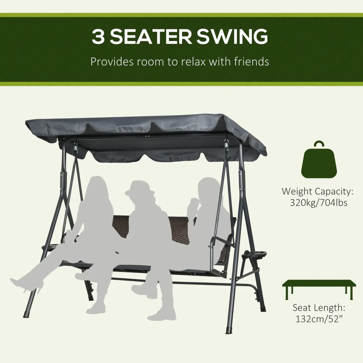 Outsunny 3 Seater Garden Swing Seat Bench with Adjustable Canopy, Rattan Seat by Outsunny