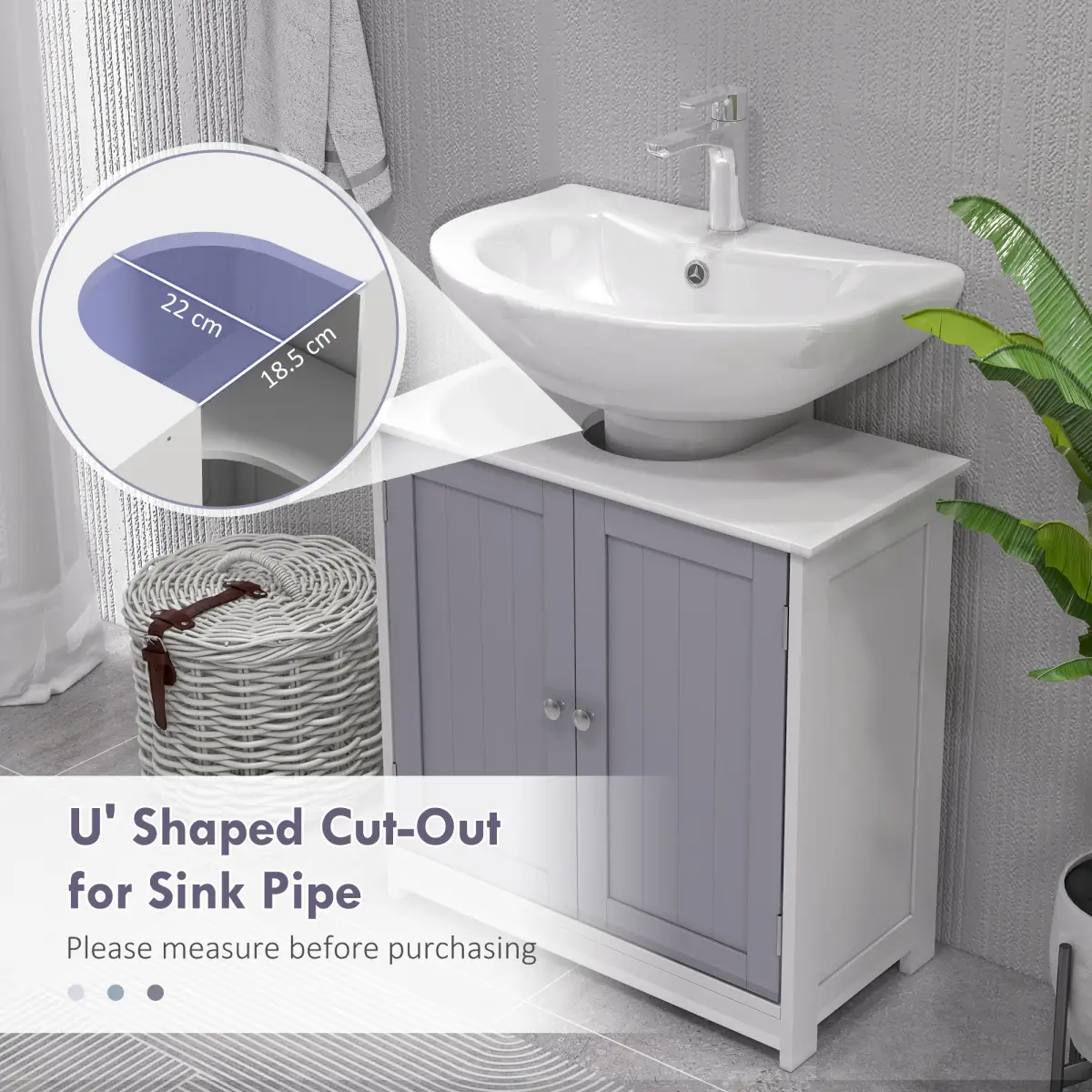 kleankin 60x60cm Under-Sink Storage Cabinet w/ Adjustable Shelf Grey White by Unbranded