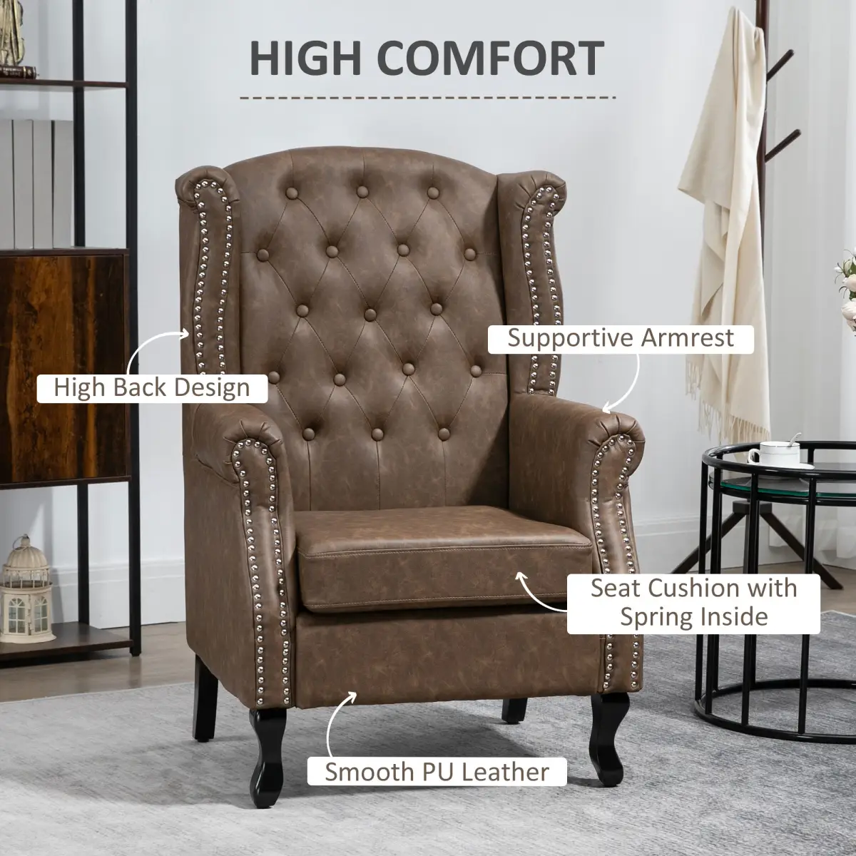 Chesterfield-style Wing Back Armchair Tufted Accent Chair Brown by HOMCOM