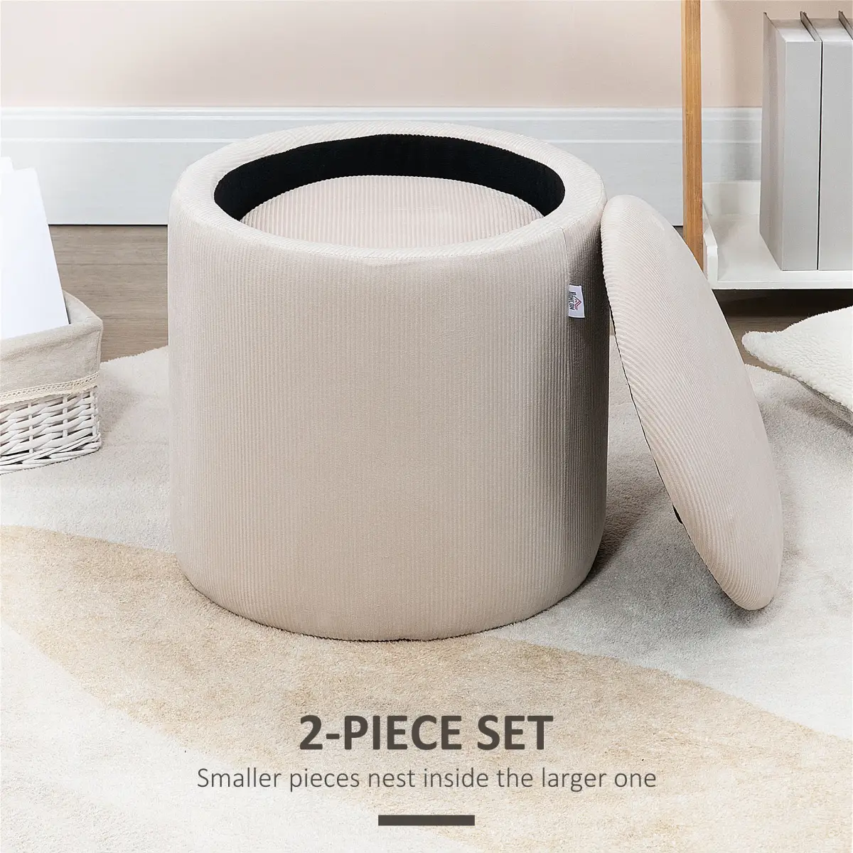 HOMCOM Modern Fabric Storage Ottoman with Removable Lid, Set of 2, Cream White by HOMCOM
