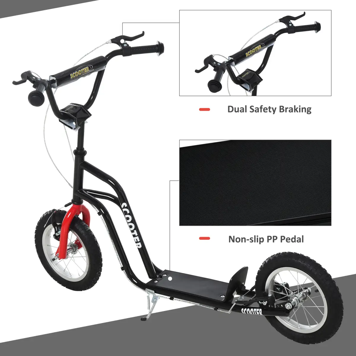 HOMCOM 75-80cm Kids Kick Scooter Adjustable Handlebar Inflatable Wheels Black by Unbranded
