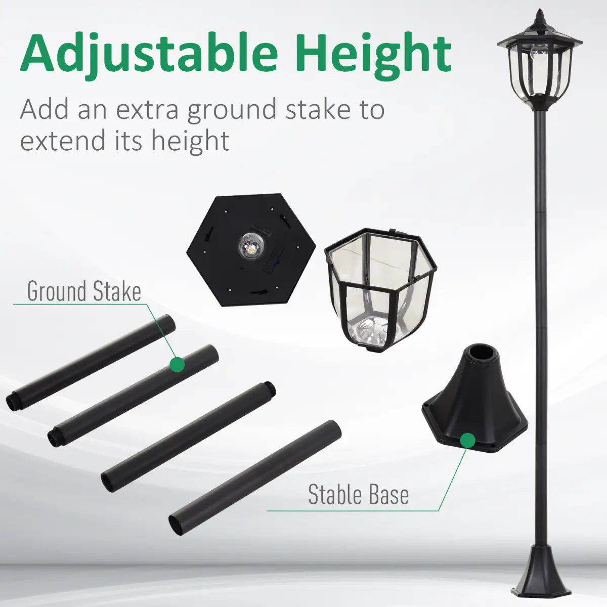 1.77m Tall Free-Standing ABS Garden Solar LED Lamp Post Black by Outsunny